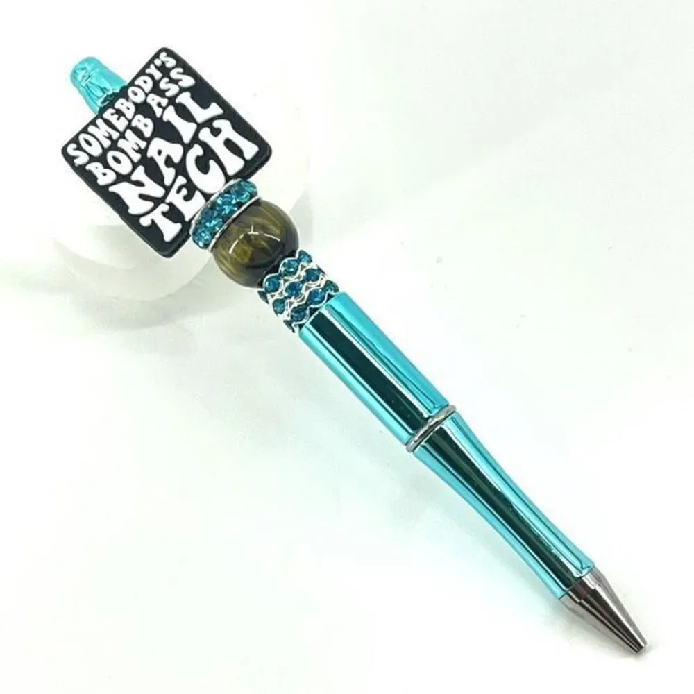 Somebody’s Bomb A** Nail Tech handmade pen NEW beads rhinestone bling black whit